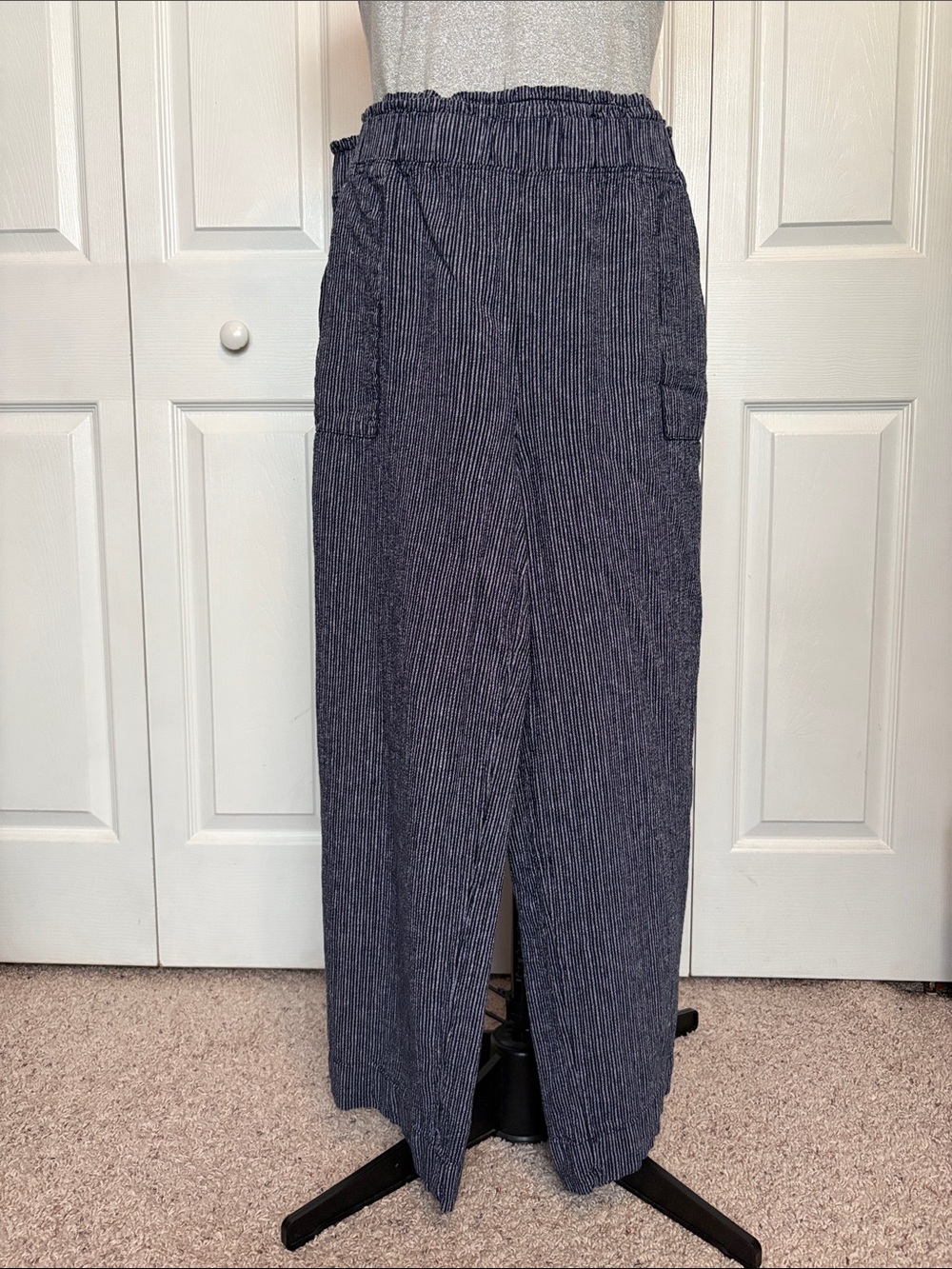 Plus Linen blend Time and Tru Navy White Pinstripe Wide-Leg Pants Pockets Comfor